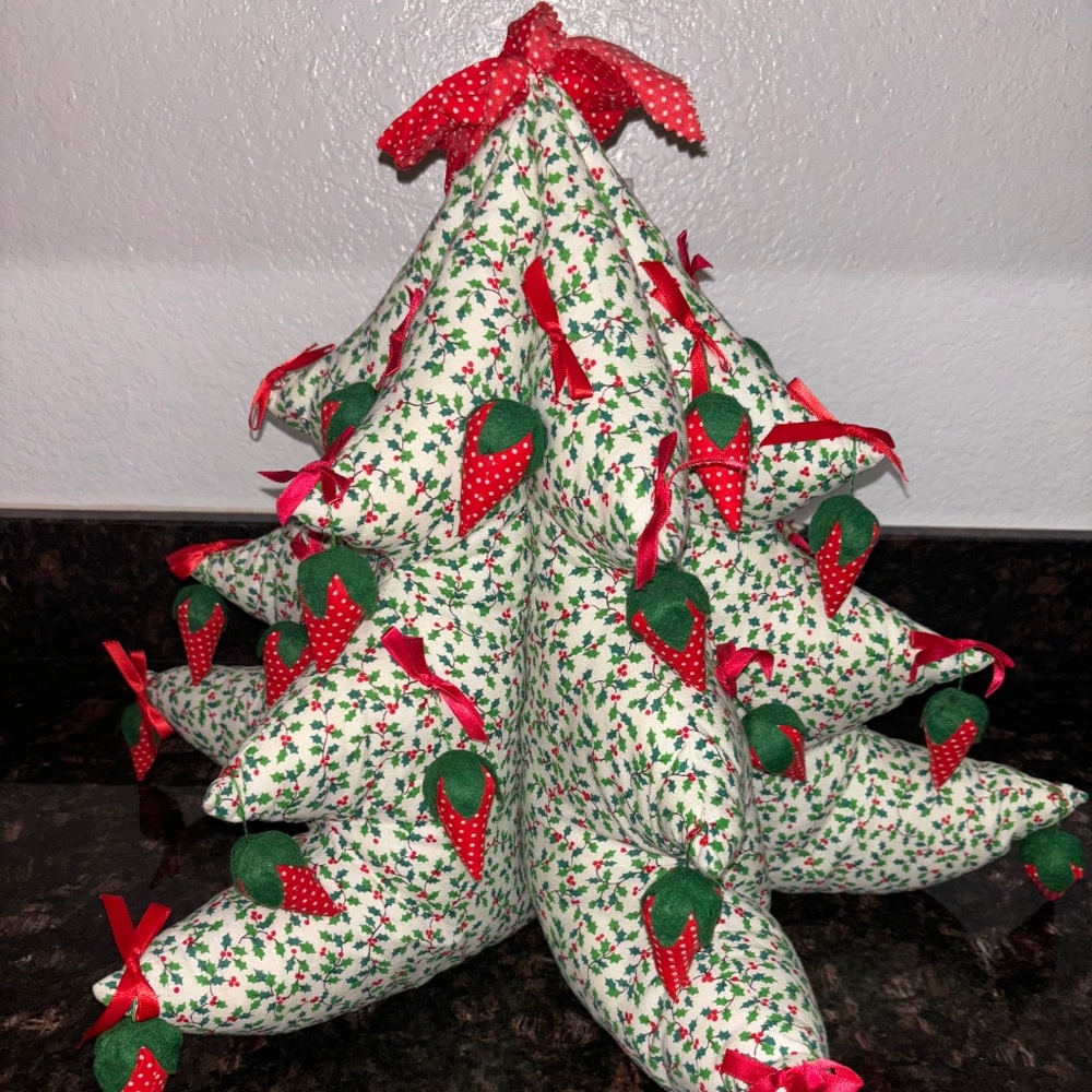 Vintage 3-D Stuffed Fabric Christmas Tree - Strawberry - Handmade.